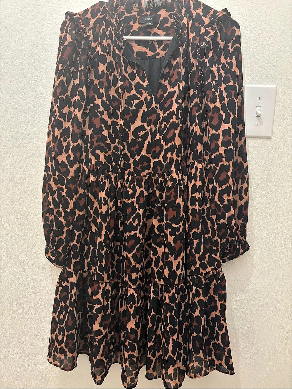 J.Crew Tie-neck tiered dress in leopard crinkle chiffon Leopard Chiffon Mini